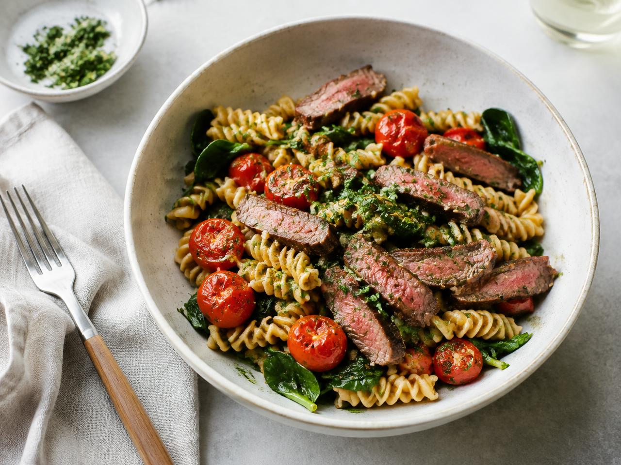 Garlic Herb Steak & Spinach Pasta
